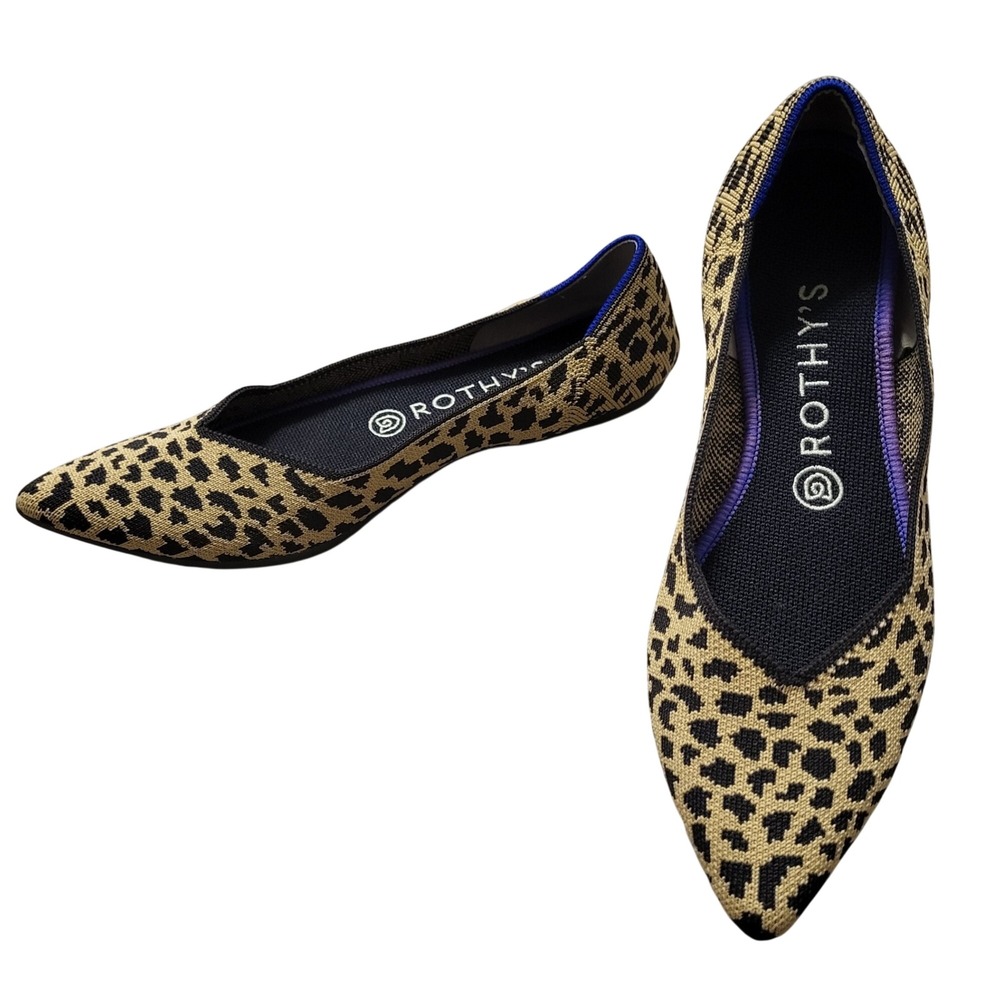Rothys The Point Flats Womens Leopard Print Pointed Toe Knit Shoes 9 Washable
